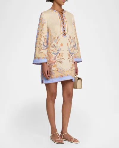 Zimmermann Womens Biscuit Scarf Floral Indra Floral-print Linen Tunic Mini Dress Xs In Brown
