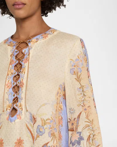 Zimmermann Womens Biscuit Scarf Floral Indra Floral-print Linen Tunic Mini Dress Xs In Brown