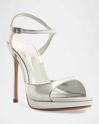 Schutz 115mm Scarlett Metallic Leather Platform Sandals In White