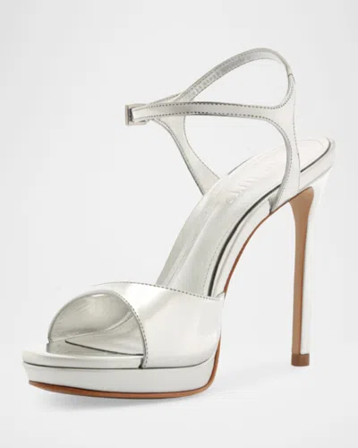 Schutz 115mm Scarlett Metallic Leather Platform Sandals In White