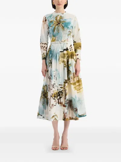 Oscar De La Renta Long-sleeve Landscape-print Cotton Poplin Midi Shirtdress With Belt In Multi