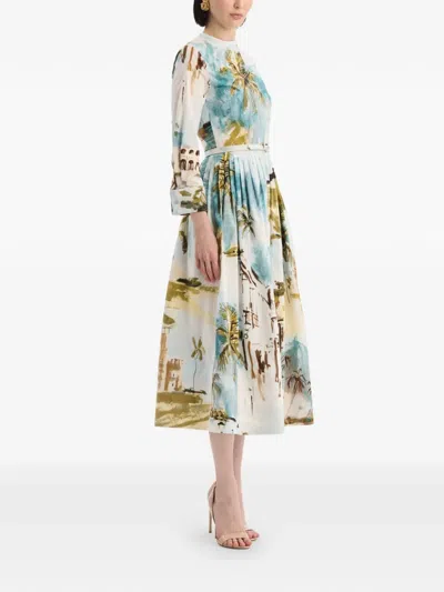 Oscar De La Renta Long-sleeve Landscape-print Cotton Poplin Midi Shirtdress With Belt In Multi