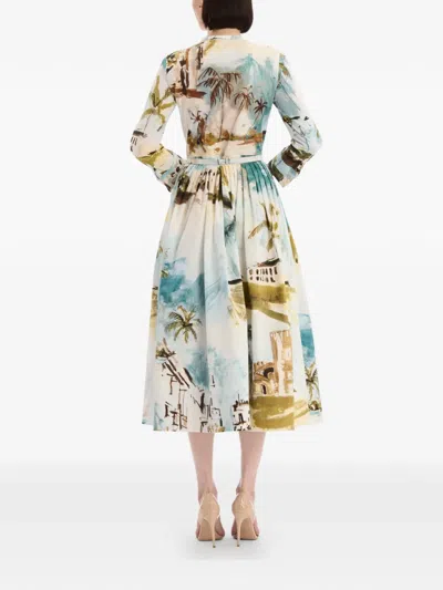 Oscar De La Renta Long-sleeve Landscape-print Cotton Poplin Midi Shirtdress With Belt In Multi