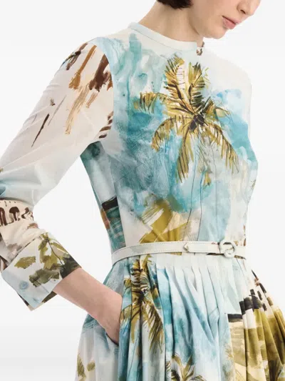 Oscar De La Renta Long-sleeve Landscape-print Cotton Poplin Midi Shirtdress With Belt In Multi