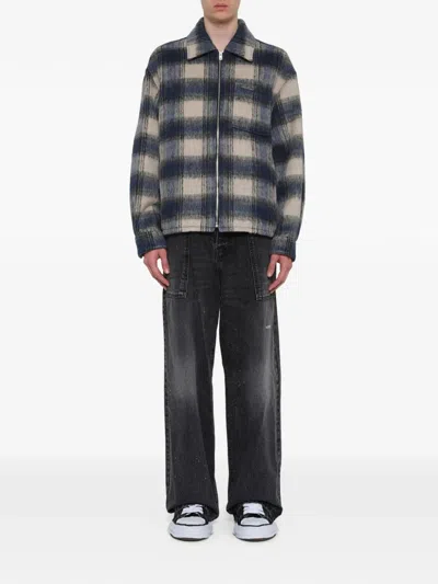 We11 Done Check-pattern Zip-up Shirt In Blue