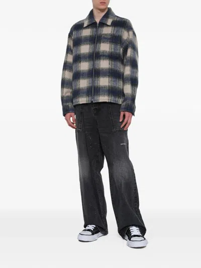 We11 Done Check-pattern Zip-up Shirt In Blue