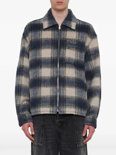 We11 Done Check-pattern Zip-up Shirt In Blue