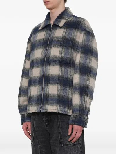 We11 Done Check-pattern Zip-up Shirt In Blue