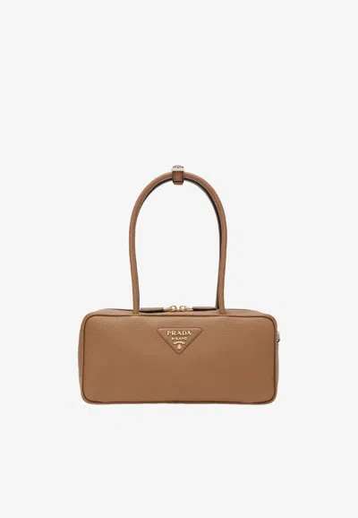 Prada Leather Shoulder Bag Double Handles Rectangular In Brown
