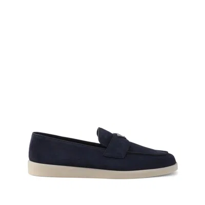 Prada Logo-plaque Suede Loafers In Blue