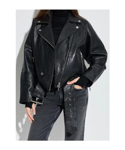 Stand Studio Romy Belted Leather Biker Jacket In Black