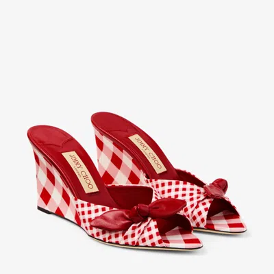 Jimmy Choo Livi 85mm Leather-trimmed Checked Wedge Mules In Red