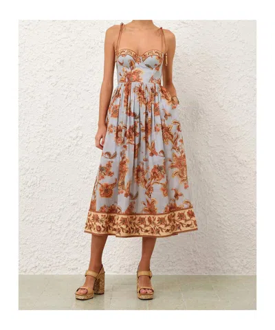 Zimmermann Womens Blue Jacobean Aster Corseted Printed Cotton Midi Dress In Multi