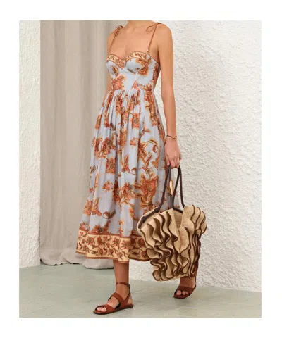 Zimmermann Womens Blue Jacobean Aster Corseted Printed Cotton Midi Dress In Multi