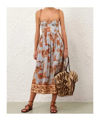 Zimmermann Womens Blue Jacobean Aster Corseted Printed Cotton Midi Dress In Multi