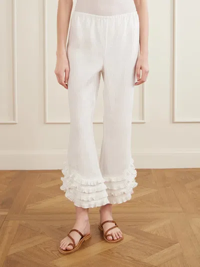 Posse Florence Ruffle Detail Crop Linen Pants In White