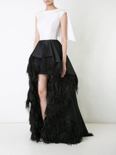 Shop Isabel Sanchis Feather-trimmed High-low Lengua Gown In Black