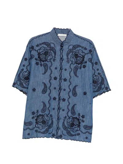 Zimmermann Aster Denim Shirt With All-over Contrasting Embroidery In Blue