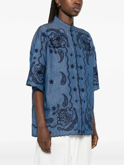 Zimmermann Aster Denim Shirt With All-over Contrasting Embroidery In Blue