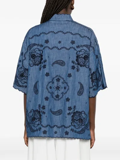 Zimmermann Aster Denim Shirt With All-over Contrasting Embroidery In Blue