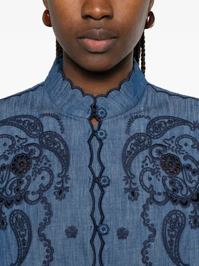 Zimmermann Aster Denim Shirt With All-over Contrasting Embroidery In Blue