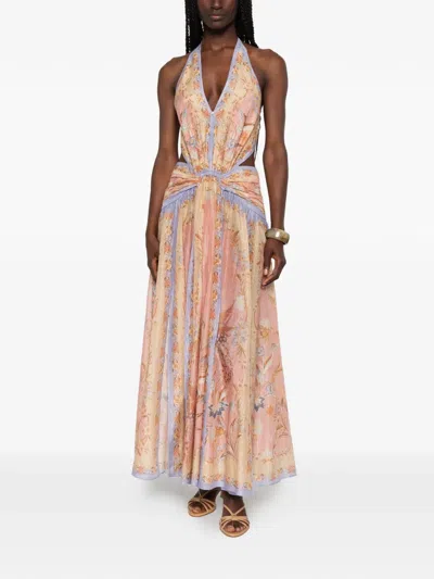 Zimmermann Indra Plunge Printed Metallic Cotton And Silk-blend Halterneck Maxi Dress In Brown