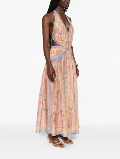 Zimmermann Indra Plunge Printed Metallic Cotton And Silk-blend Halterneck Maxi Dress In Brown