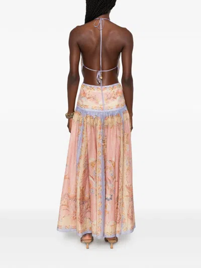Zimmermann Indra Plunge Printed Metallic Cotton And Silk-blend Halterneck Maxi Dress In Brown