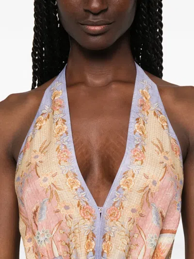 Zimmermann Indra Plunge Printed Metallic Cotton And Silk-blend Halterneck Maxi Dress In Brown
