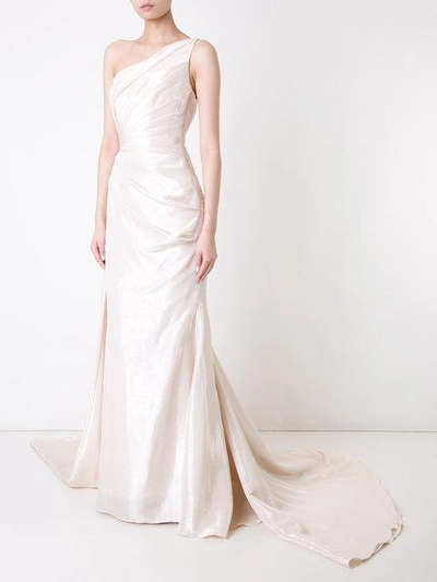 Shop Romona Keveza One Shoulder Liquid Satin Draped Gown - White