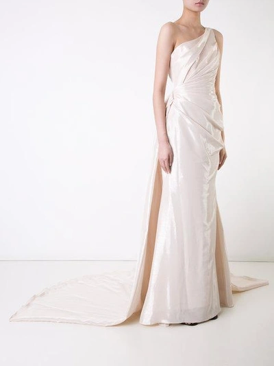 Shop Romona Keveza One Shoulder Liquid Satin Draped Gown - White