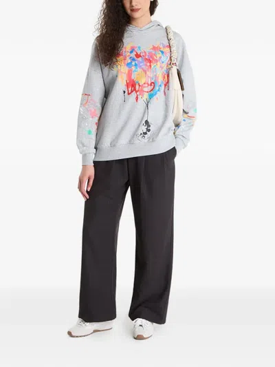 Desigual Mickey Mouse Paint Splattered Fleece Graphic Hoodie In Gray