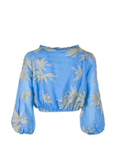 Pho® Firenze Leaf-pattern Cropped Blouse In Blue
