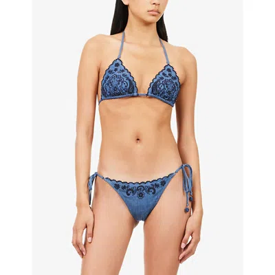 Zimmermann Aster Paisley Embroidered Denim Two-piece Swimsuit In Blue