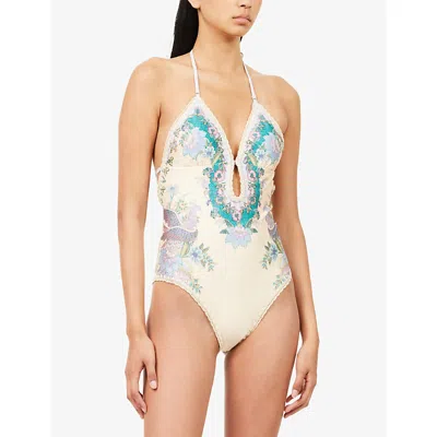 Zimmermann Womens Cream Scarf Floral Indra Crochet-detail One-piece Swimsuit In Multi