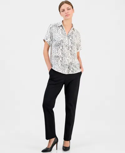 Anne Klein Essentials Petite Printed Button-front Short-sleeve Top