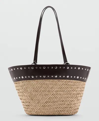 Mango Studded Raffia Shopper Bag In Orange