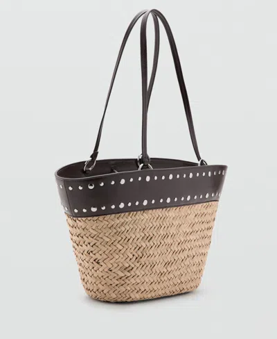 Mango Studded Raffia Shopper Bag In Orange