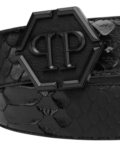 Philipp Plein Python-leather Logo-buckle Belt In Black