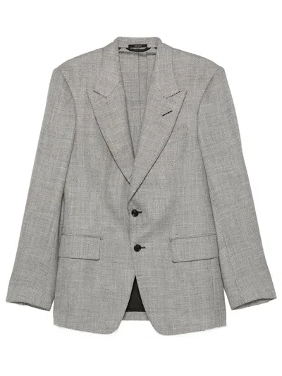 Tom Ford Herringbone Wool Silk Blend Tailored Blazer In Gray