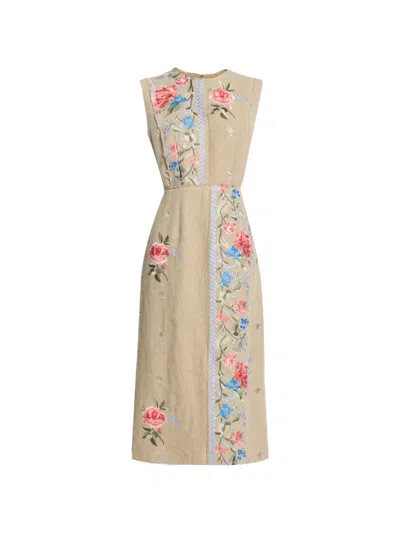 Erdem Embroidered Linen-canvas Midi Dress In Brown