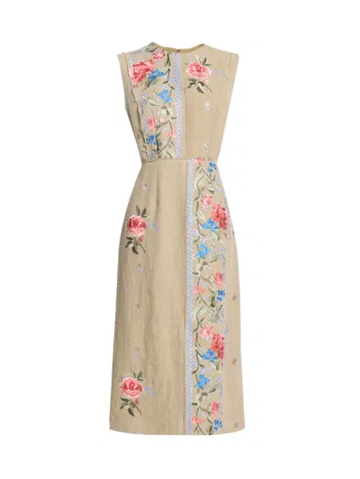 Erdem Embroidered Linen-canvas Midi Dress In Brown