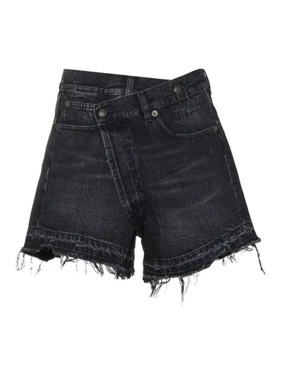 R13 Crossover Asymmetric Distressed Denim Shorts In Black