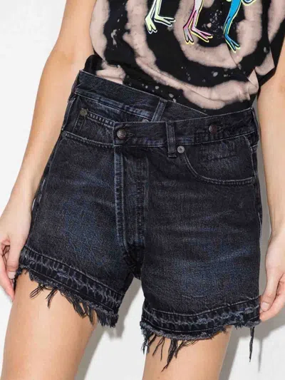 R13 Crossover Asymmetric Distressed Denim Shorts In Black