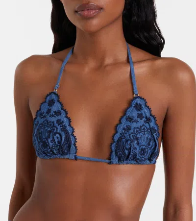 Zimmermann Aster Paisley Embroidered Denim Two-piece Swimsuit In Blue
