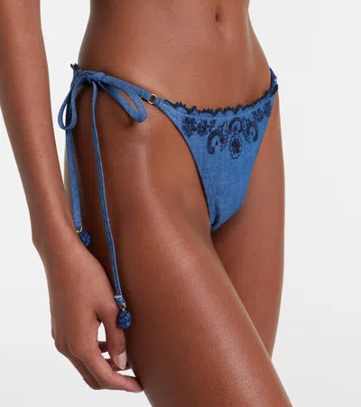 Zimmermann Aster Paisley Embroidered Denim Two-piece Swimsuit In Blue