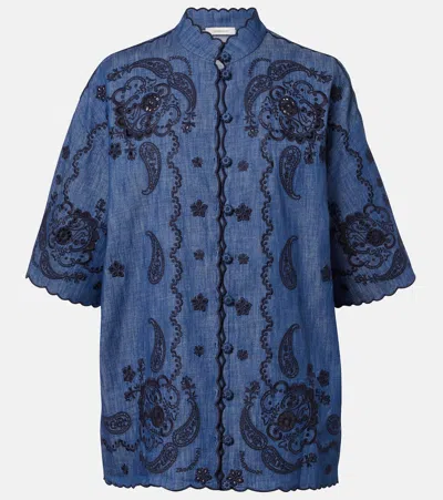 Zimmermann Aster Denim Shirt With All-over Contrasting Embroidery In Blue