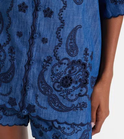 Zimmermann Aster Denim Shirt With All-over Contrasting Embroidery In Blue