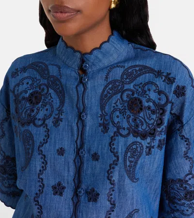 Zimmermann Aster Denim Shirt With All-over Contrasting Embroidery In Blue