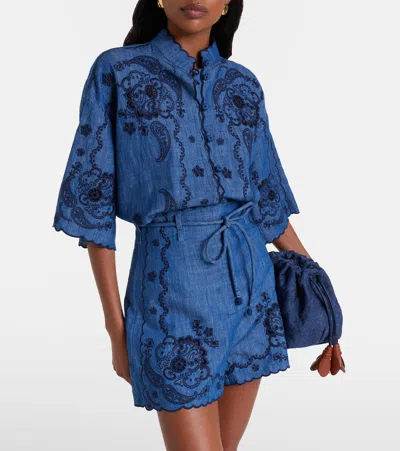 Zimmermann Aster Denim Shirt With All-over Contrasting Embroidery In Blue